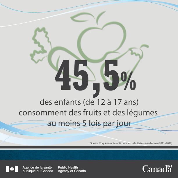 45,5 % des enfants (de 12 à 17 ans) consomment des fruits et des légumes au moins 5 fois par jour.