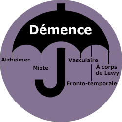 Image illustrant l'hyperonyme « démence » . Quatres types de démence se retrouvent sous le parapluie : corps de Lewy, vasculaire, fronto-temporal, Alzheimer.