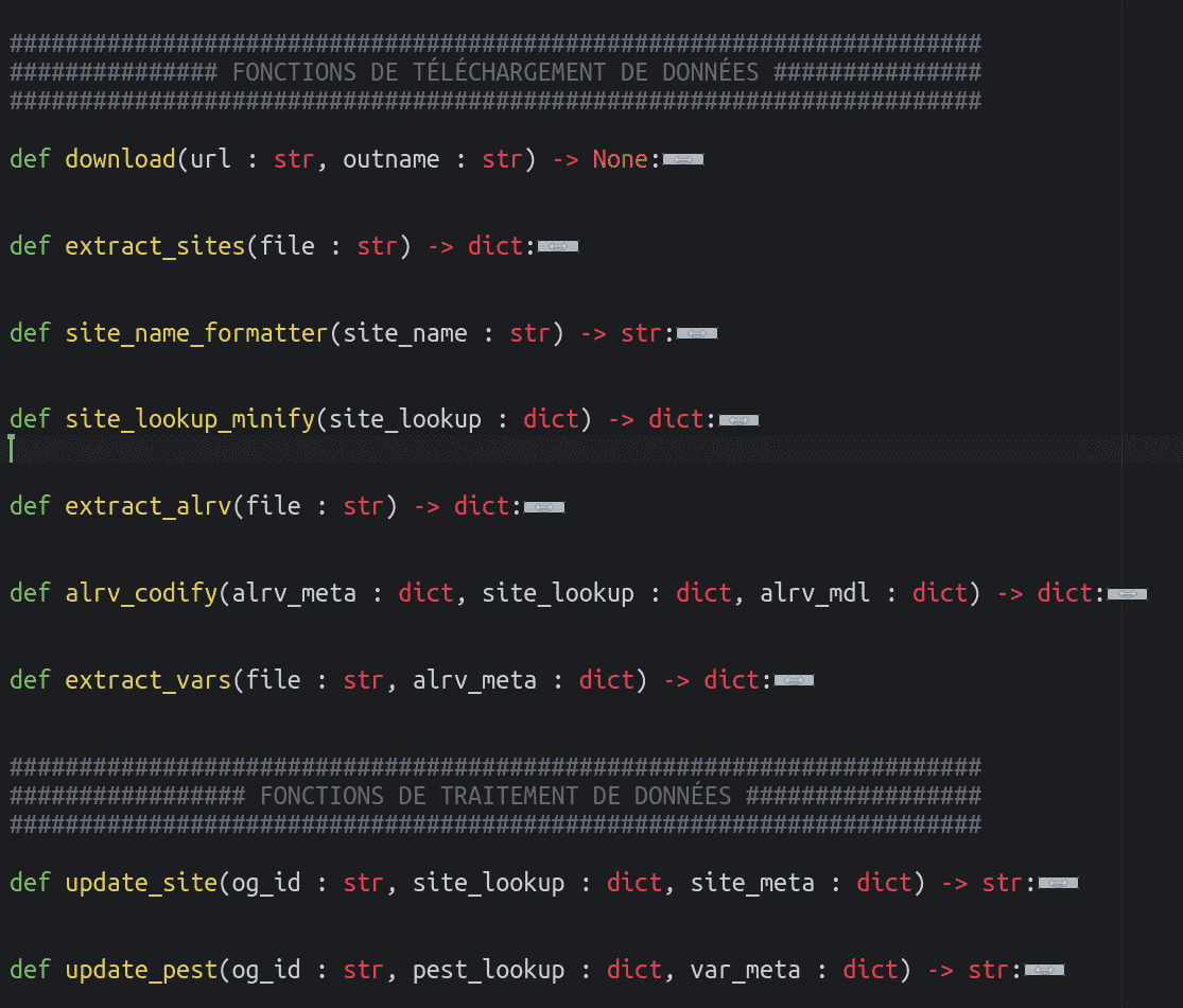 Image de code Python, montrant 2 sections avec des en-têtes clairs : FONCTIONS DE TÉLÉCHARGEMENT DE DONNÉES OUVERTES et FONCTIONS DE TRAITEMENT DE DONNÉES.