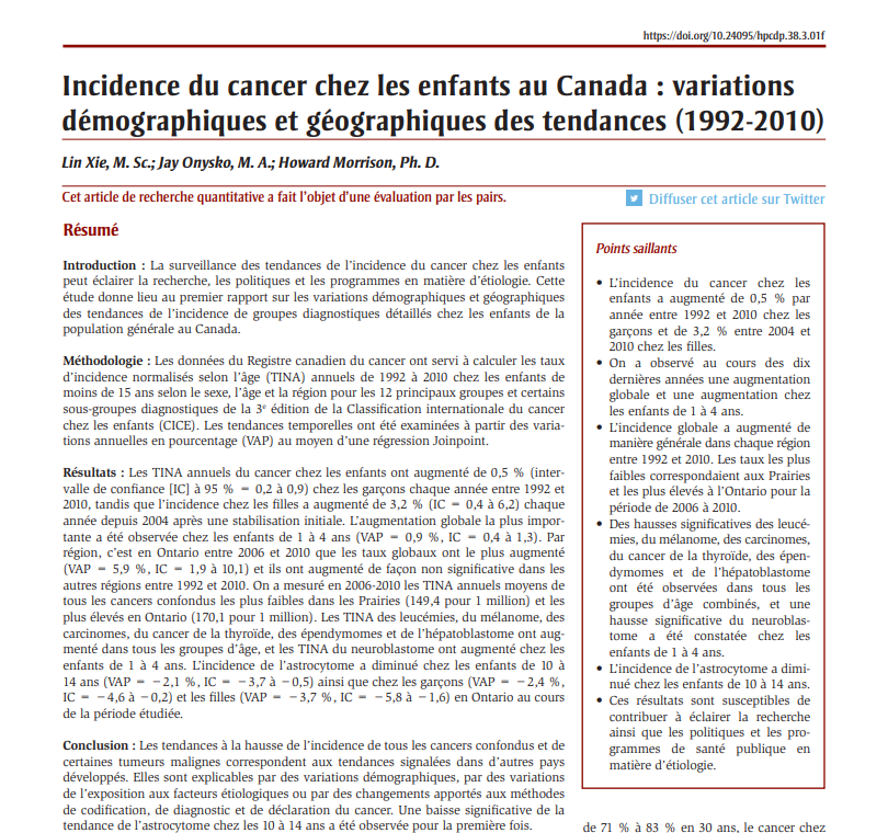 Incidence du cancer chez les enfants au Canada : variations démographiques et géographiques des tendances (1992-2010)