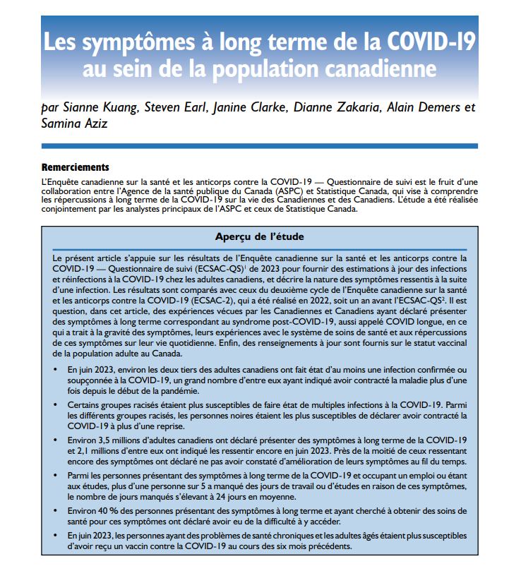 Page titre du rapport 'Les symptômes à long terme de la COVID-19 au sein de la population canadienne'