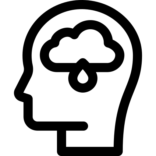 Un simple contour d'une tête humaine, avec le contour d'un nuage et d'une goutte de pluie à l'endroit où se trouverait le cerveau de la personne.